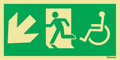 Progress down and to the left - Wheelchair accessible route to an emergency exit - Emergency Exit Route Location and Identification Sign