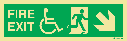 FIRE EXIT - Progress down and to the right - Wheelchair accessible route to a fire exit - Fire Exit Route Location and Identification Sign