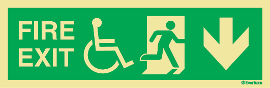 FIRE EXIT - Progress down - Wheelchair accessible route to a fire exit - Fire Exit Route Location and Identification Sign