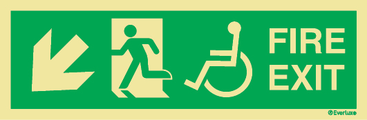 FIRE EXIT - Progress down and to the left - Wheelchair accessible route to a fire exit - Fire Exit Route Location and Identification Sign